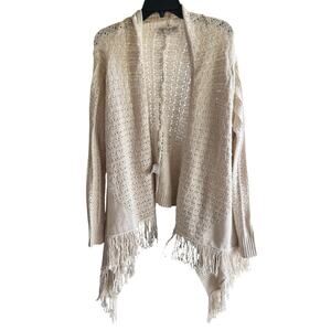 VINTAGE AMERICAN mixed knit open front beige fringe cardigan sweater NWOT Sz S